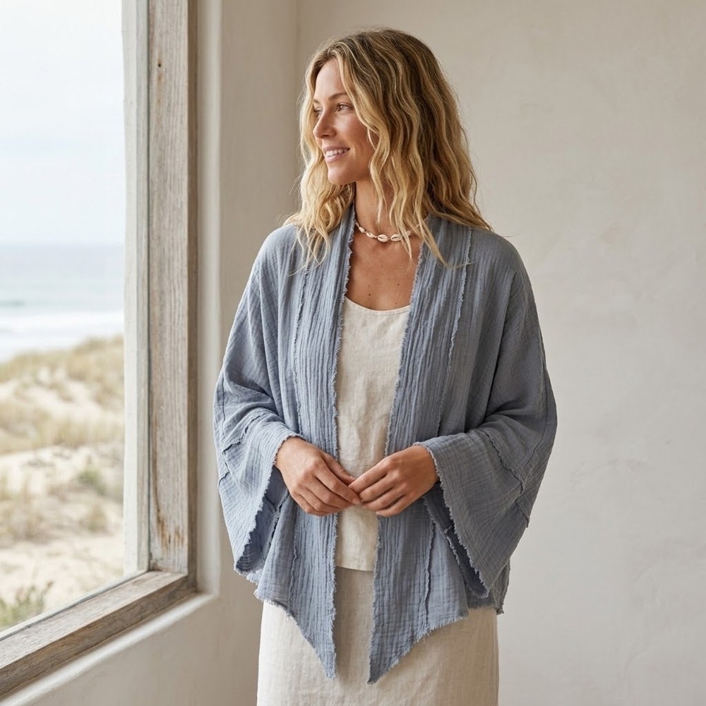 Molly Green Kimono Gauze Cardigan Women M/L Gray Raw Hem Boho Coastal lagenlook